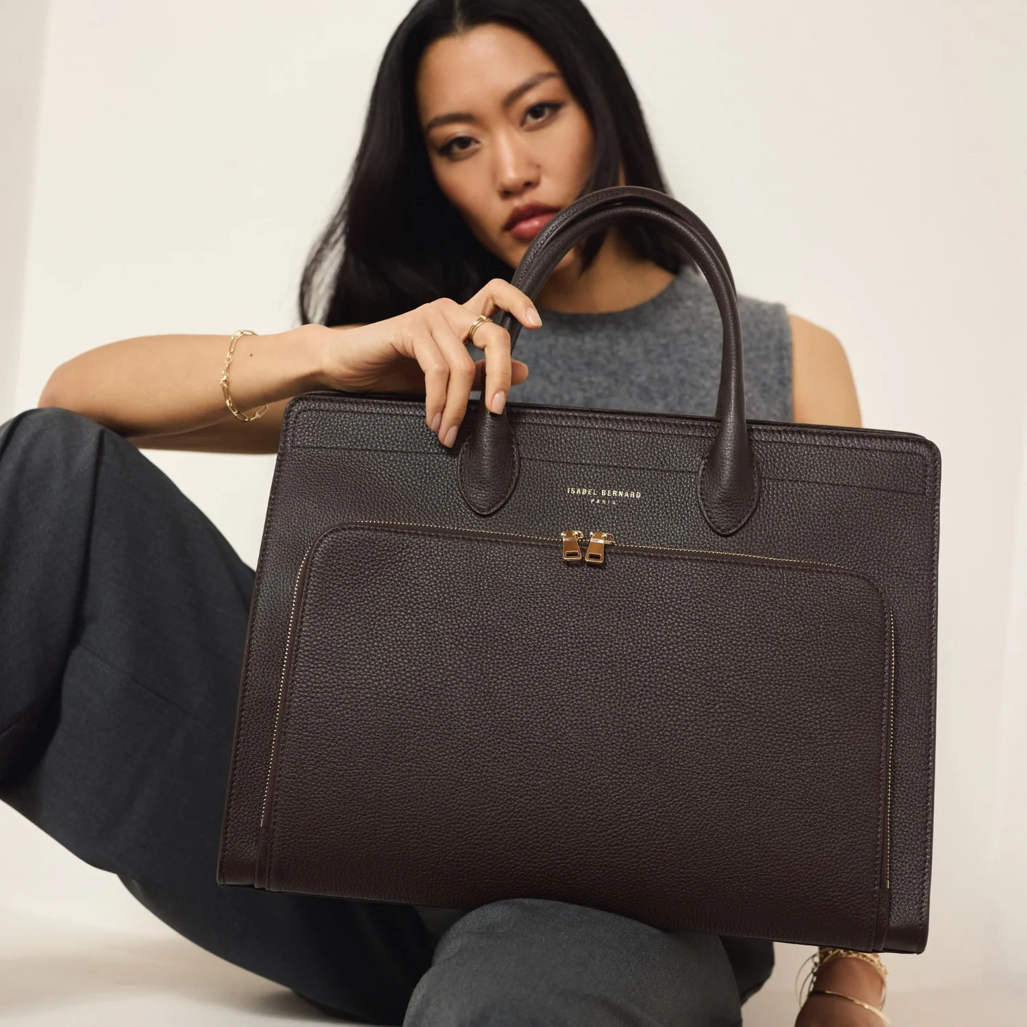 Isabel Bernard Honoré Nadine Brown Calfskin Leather Handbag with Laptop Compartment IB25087 - Image 8